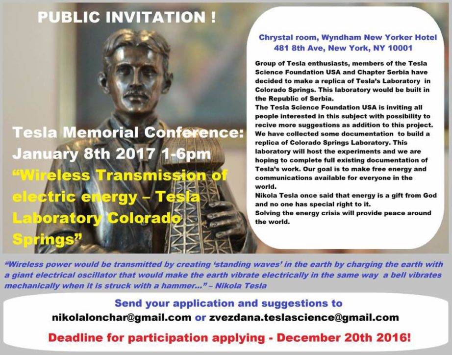 Tesla Memorial Conference – “Wireless Transmission of electric energy – Tesla Laboratory Colorado Springs”